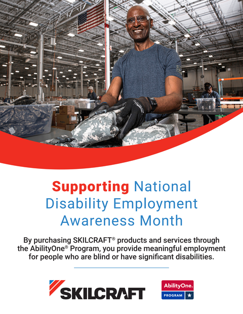 SKILCRAFT agency Image of visually impaired man working and smiling.