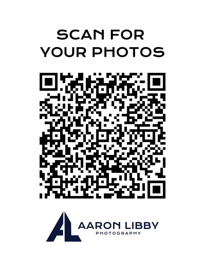 Scan for your photos: a QR code that opens the event photo gallery, with the Aaron Libby Photography logo below it.