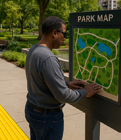 A gentleman stands at the Park Map signage along the Charlotte Braille Trail, reading the trail layout. Photographed at the Braille Trail at Lions Services.